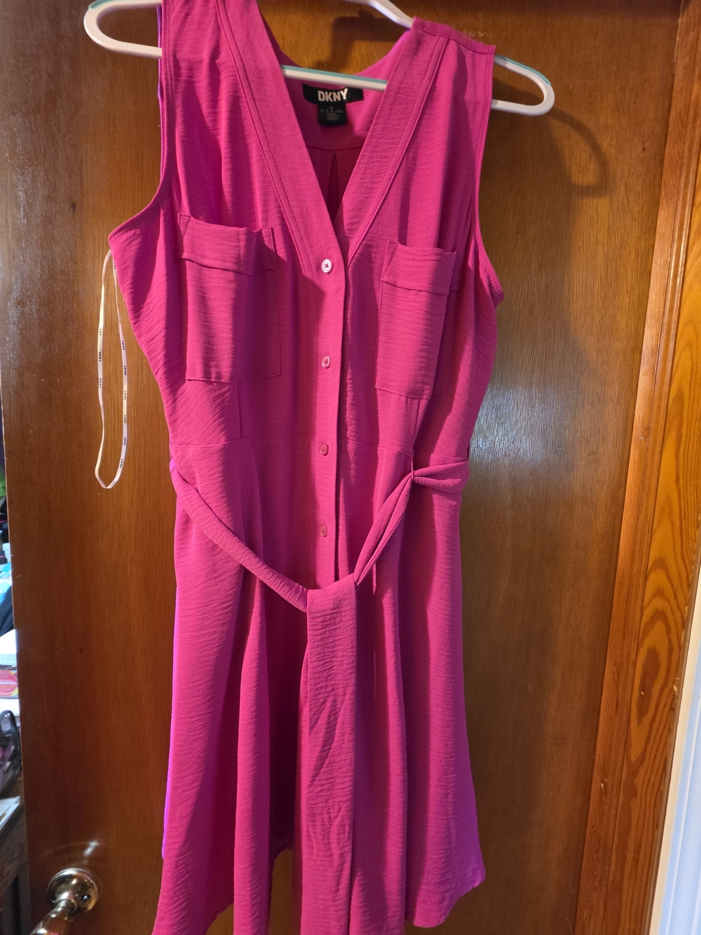 DKNY Fuchsia Sleeveless Button-Front Mini Dress with Tie Waist